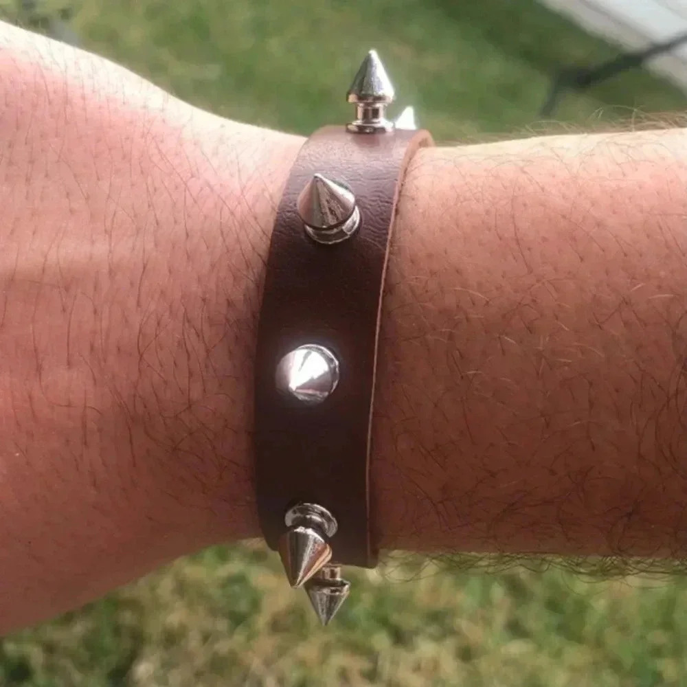 Brown Leather Punk Goth Rock Spike Metal Stud Snap Cuff Bracelet NWT
